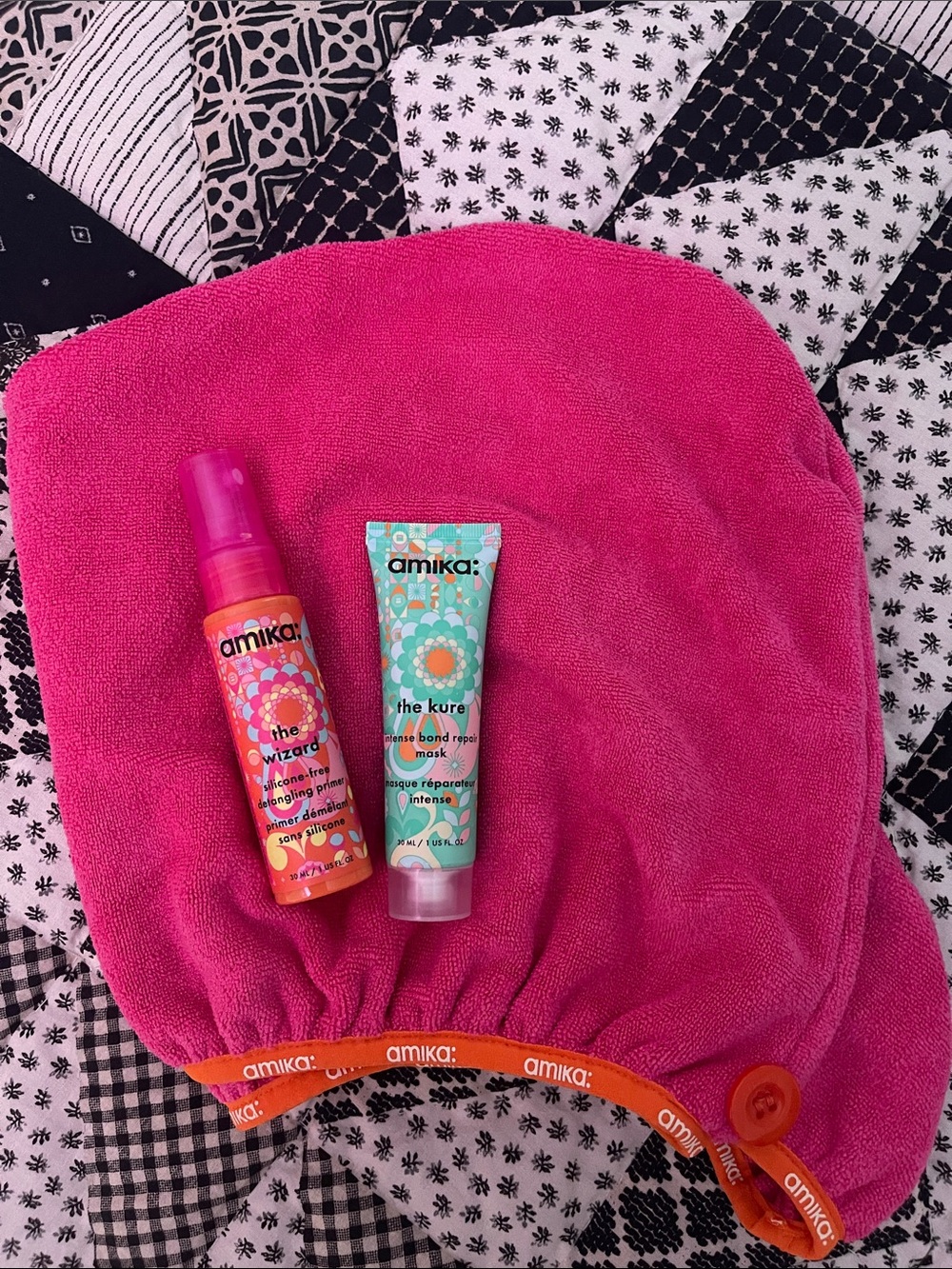 Amika Bright Pink Microfiber Hair Towel with Travel Hair Treatments